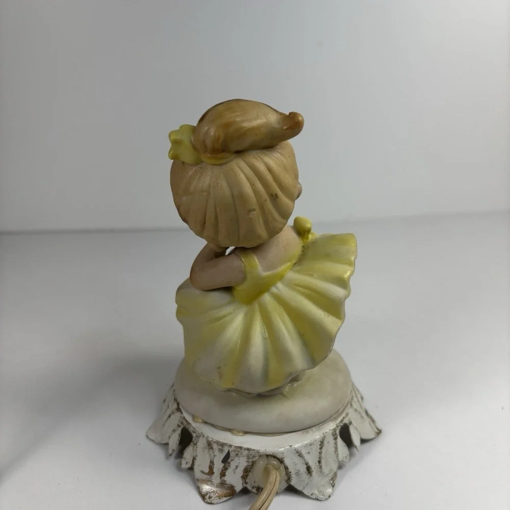 Vtg Rustic Cottage Porcelain Ballerina Night Light Yellow Dress Metal Stand Plug